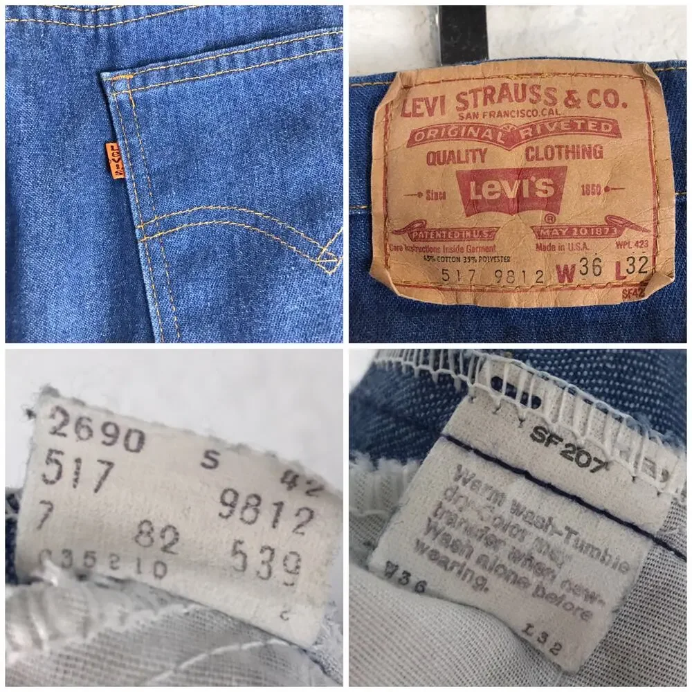 Vintage Levi's 517 1970's Orange Tab Talon Zipper Boot Cut USA Made Blue Jeans
